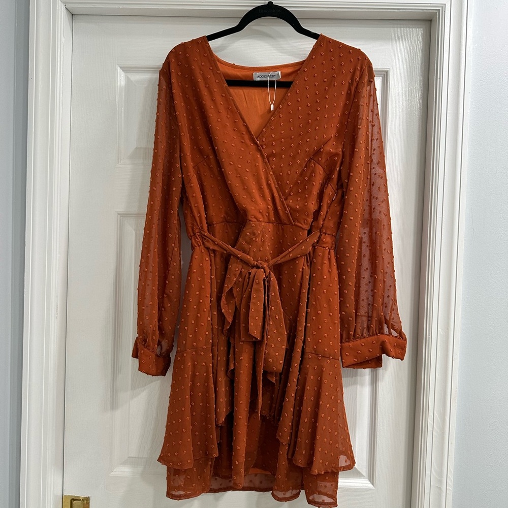 Red and Orange Long Sleeve Wrap Sundress with Tie Front